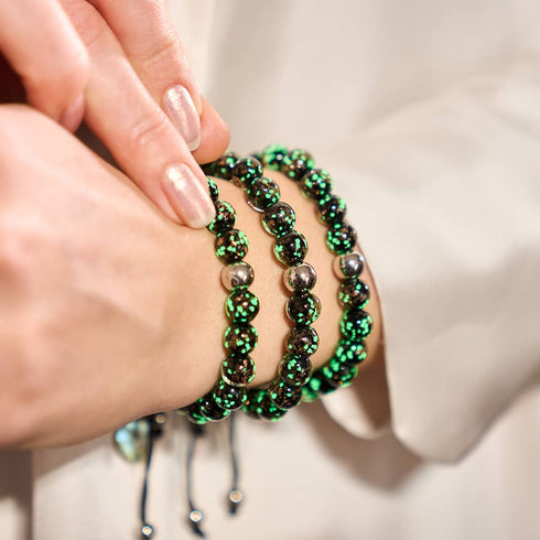 Obsidian | Silber | Glühwürmchen-Glas-Makramee-Armband